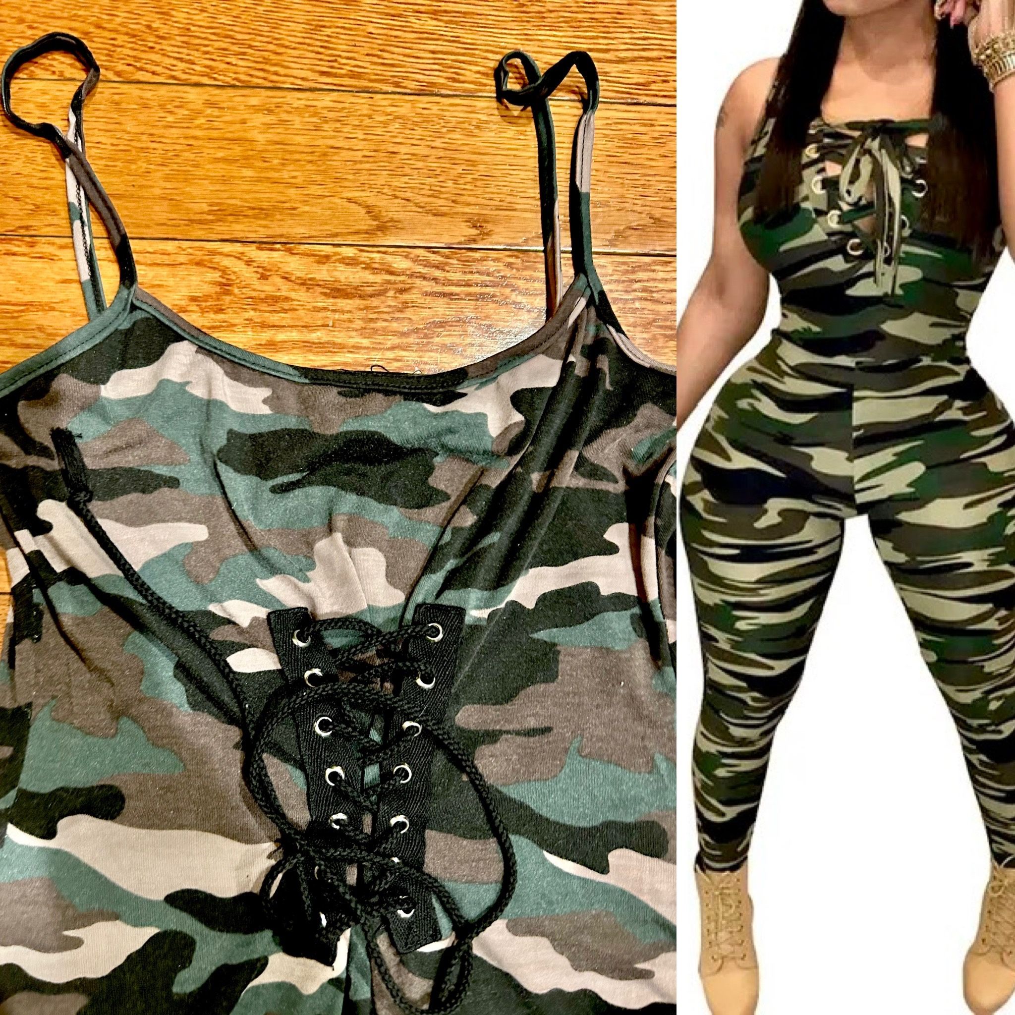 Toxik3 Spaghetti Strap Sleeveless Camo Print Romper lace up One Piece Jumpsuit