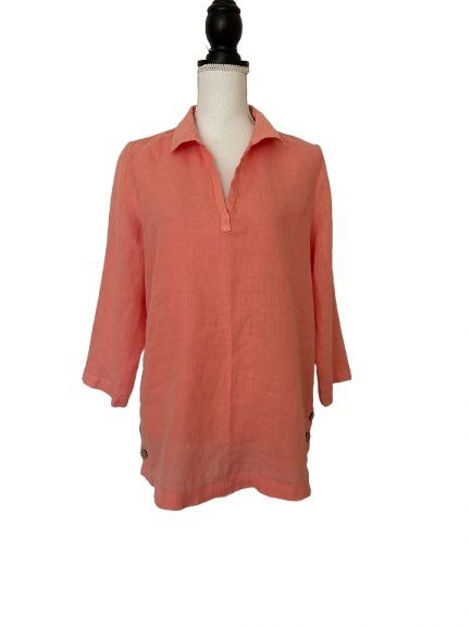 TAHARI Woman’s 100% Coral Linen 3/4 Sleeve LagerLook Tunic Blouse, Sz M