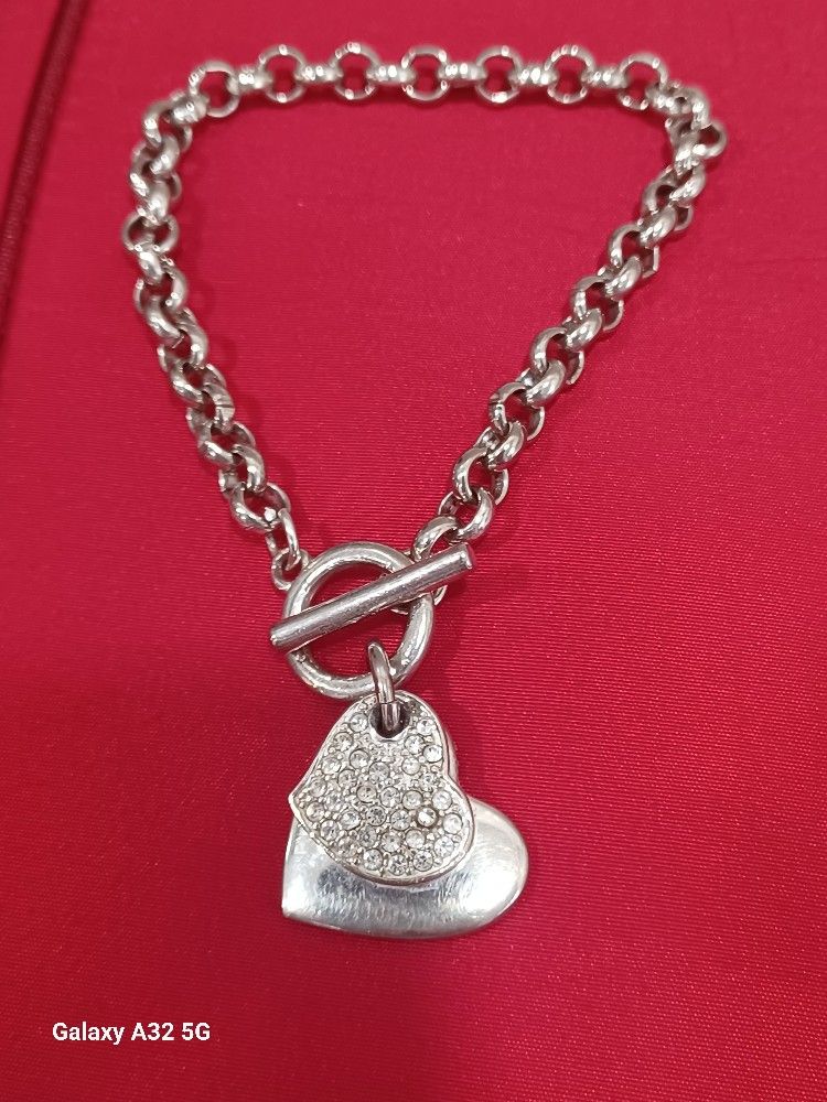 Nordstrom Silver Plated Cz "HEART" CHARM BRACELET- 7.50