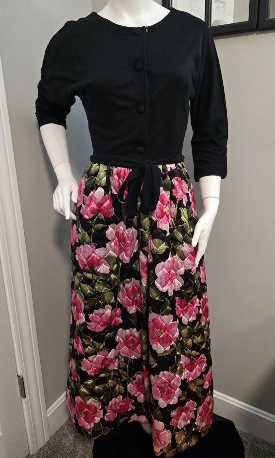 Vtg Sears Quilted XS Mod Maxi Floral Hostess Dress Housecoat Gown 1960s Lined