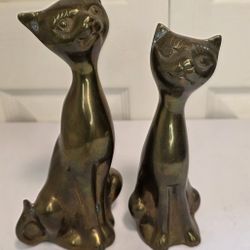2 Vintage MCM Brass Cat Figurines Mid Century Modern Siamese 