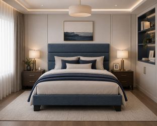 Full Size Platform Bed Frame with Fabric Upholstered Headboard and Wooden Slats Support, Fully Upholstered Mattress Foundation/No Box Spring Needed/Ea