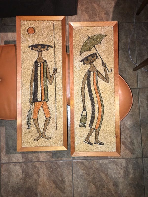 Mid Century Modern Gravel Art Fishermen Vintage Orange Brown Cream Mod MCM Retro Picture Wall Art