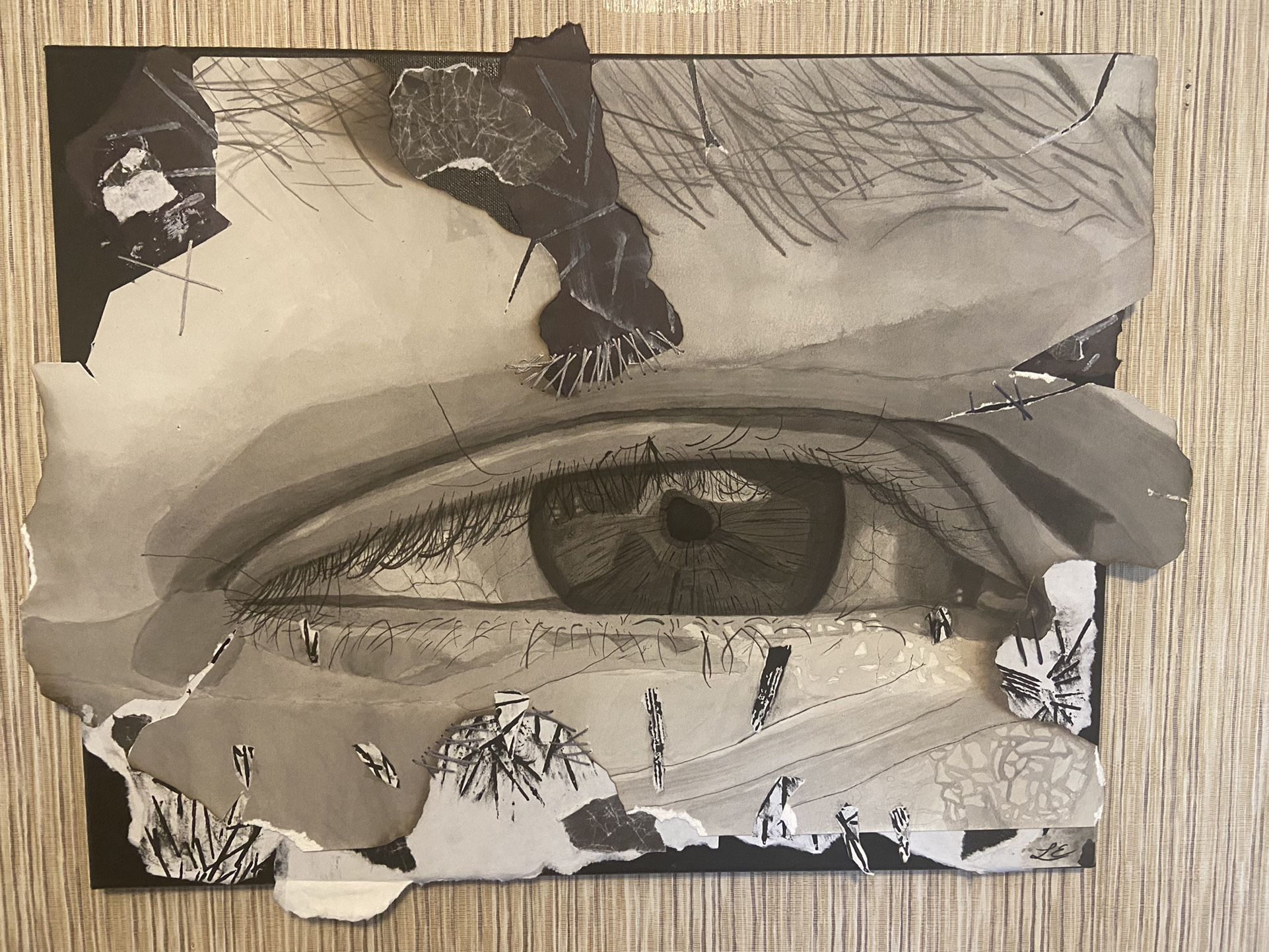 Ink drawing with collaged canvas background