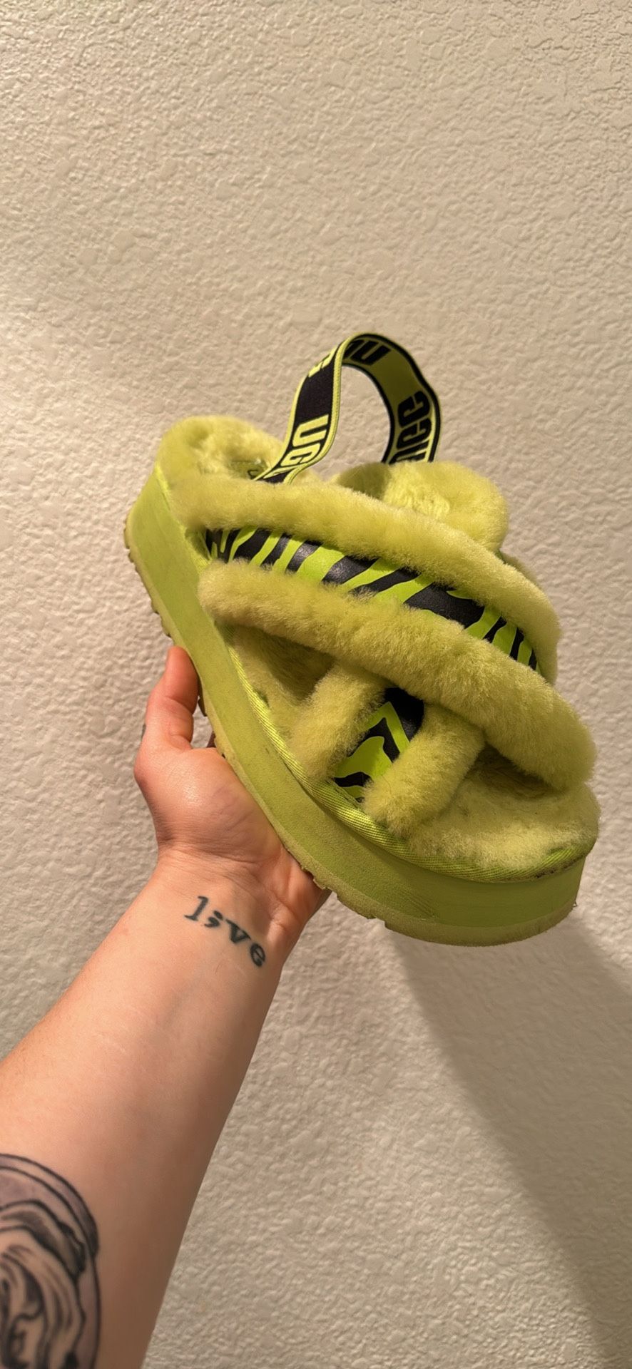Lime Green And Zebra Print Platform UGG Slippers Size 8