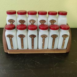 VINTAGE GRIFFITH'S ART DECO  MILK GLASS SPICE JARS SET & RACK 