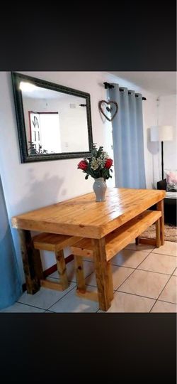 Rustic Wooden Dining Table with Benches