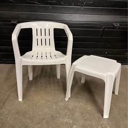 Outdoor patio deck plastic chair $10. Outdoor Side Table $5. Free to ask, I reply