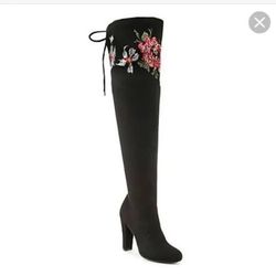 New Size 9.5 Thigh High Suede Boot With Floral Embroidery