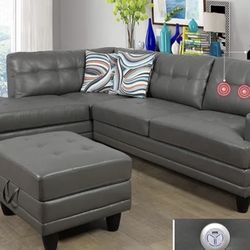 Gray Leather Sectional Couch With Ottoman And Massage And USB