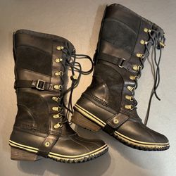 SOREL Black Suede Leather Lace Up Buckle Riding Snow Boots Carly Conquest Tall 8