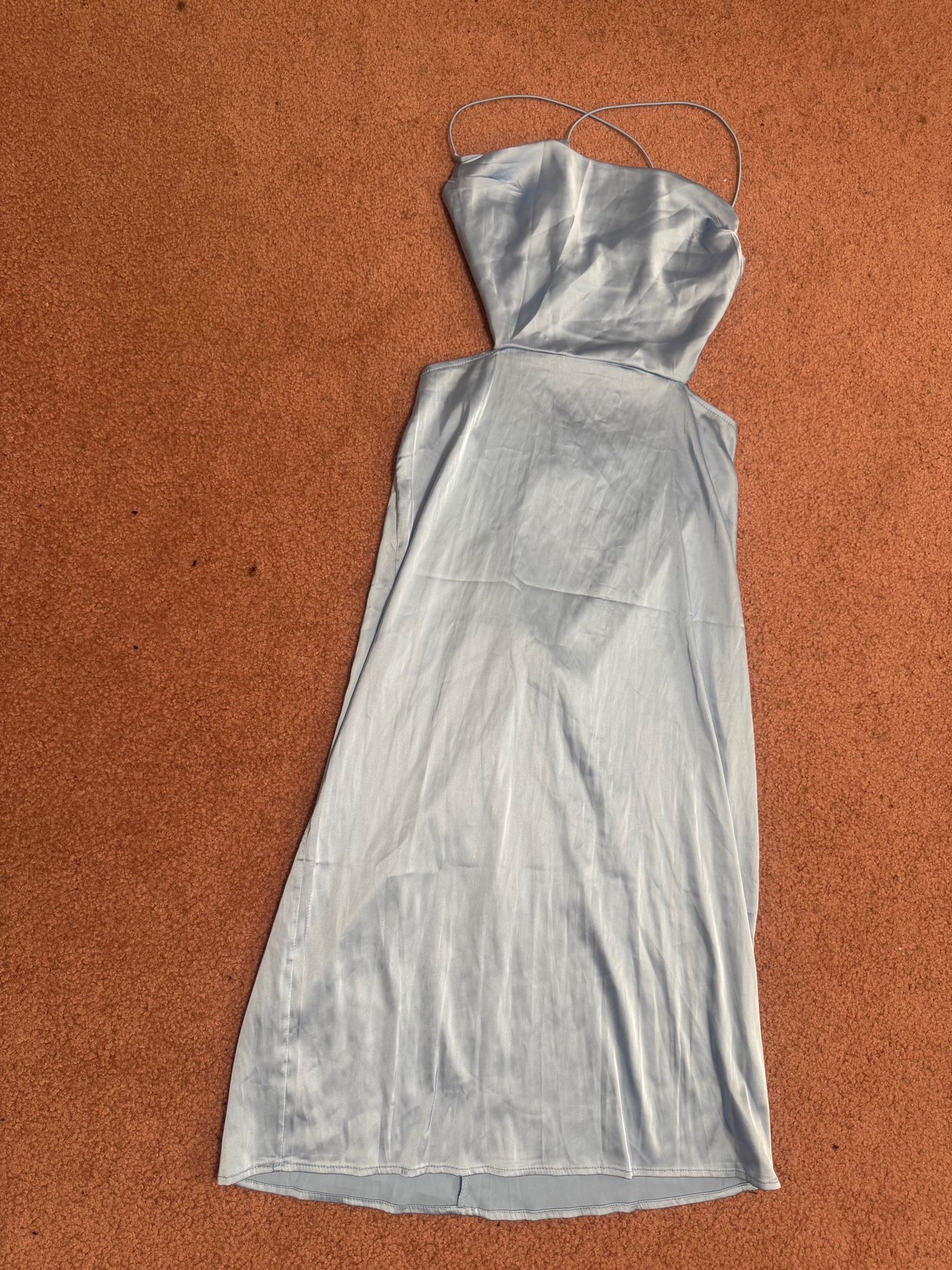 New medium light blue satin long y2k spaghetti strap dress cocktail Evening cut