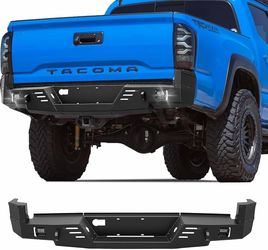 Off-Road Rear Bumper Compatible with 2016-2023 Toyota Tacoma 3rd Gen, Heavy-Duty Steel Rear Step Bumper with LED Lights, Sensor Cutouts, Black Texture