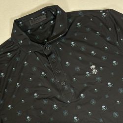G/FORE RGB Men’s XL Black Skull Print Tech Jersey Modern Spread Collar Golf Polo
