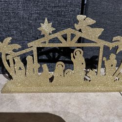 Vintage Angle Piece Sparkly Glitter Gold Nativity Scene ~17”x 8.5” Wood Based