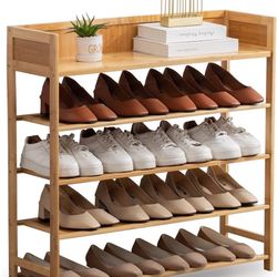Bamboo Shoe Rack Organizer, 5 Tier Shoe Shelf Storage Organizer, for Entryway, Hallway, and Closet (Nature-31.5)