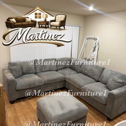 Brand New Grey Corduroy Sectional Sofa Couch With Ottoman Included 