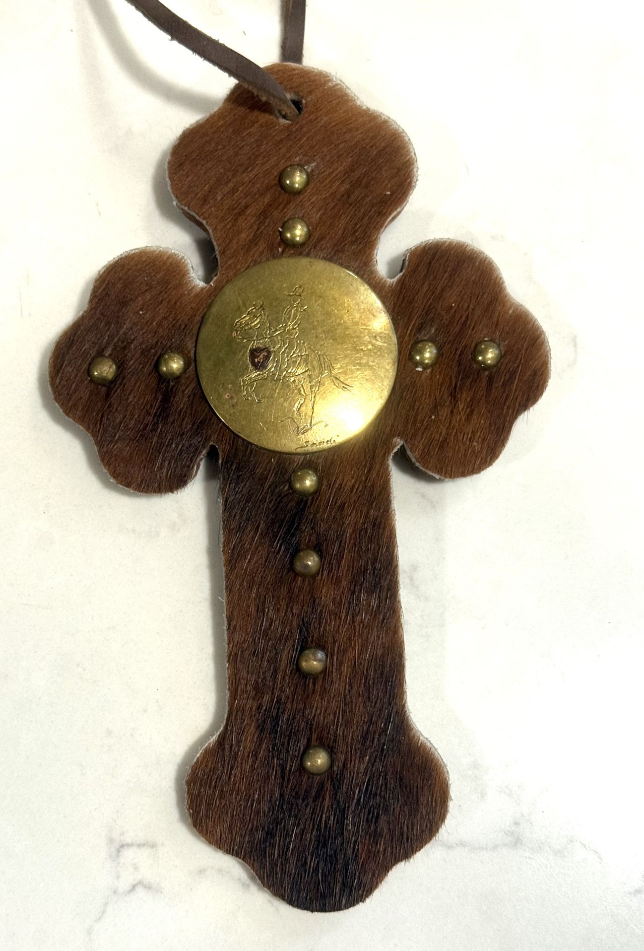 Unique Artist Made Leather / Hair Cowhide and Etched Brass (Artist Signed) Cross Approx 7” x 4” 