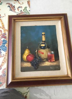Antique hand painted canvas Fruits and Wine