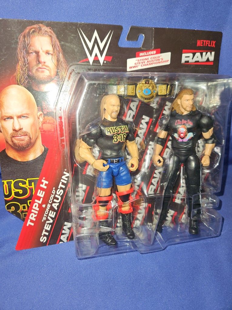 WWE STEVE AUSTIN & TRIPLE H Mattel RAW NETFLIX Wrestling Figure 2pk w/ BELT!!