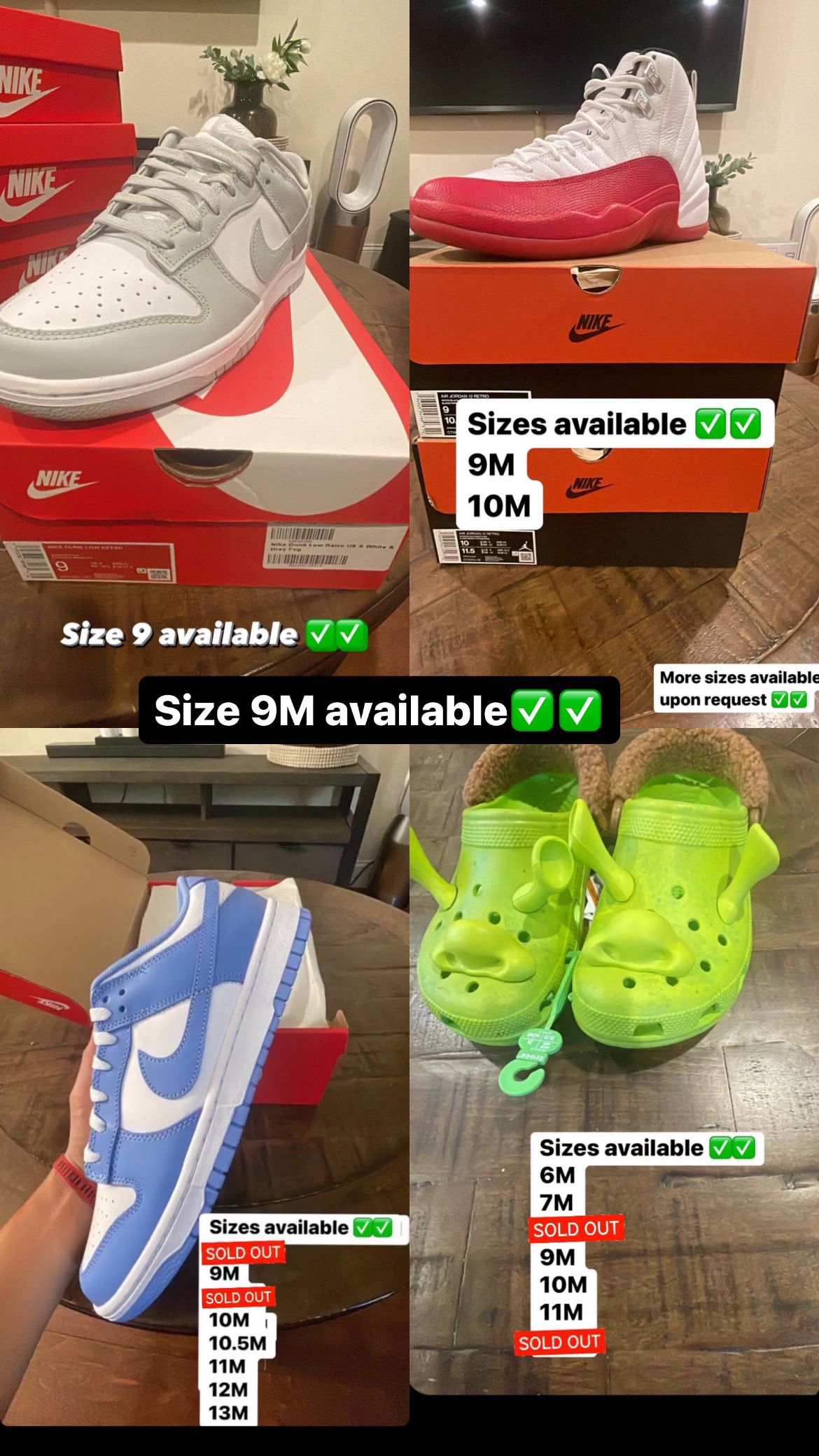 Size 9M Nike Dunk Low Polar Blue, Grey Fog, Air Jordan 12 Cherry, Shrek Crocs