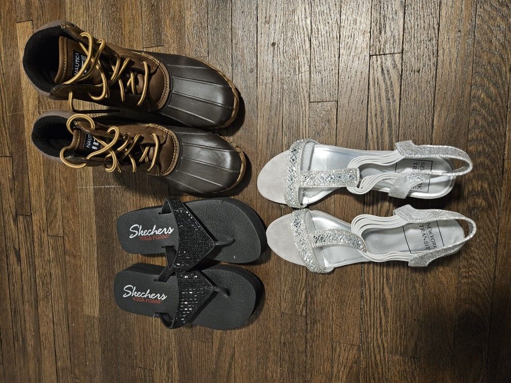 Nautica duck boots, Sketchers flip-flops, Silver wedge sandals