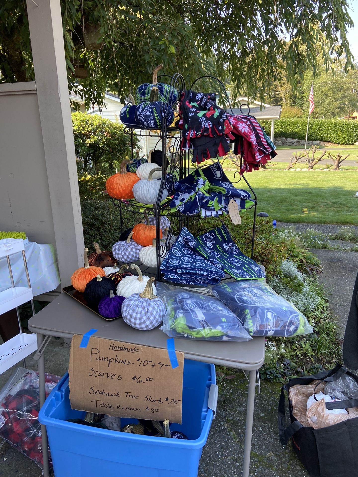 Cloth pumpkins with real pumpkin stems