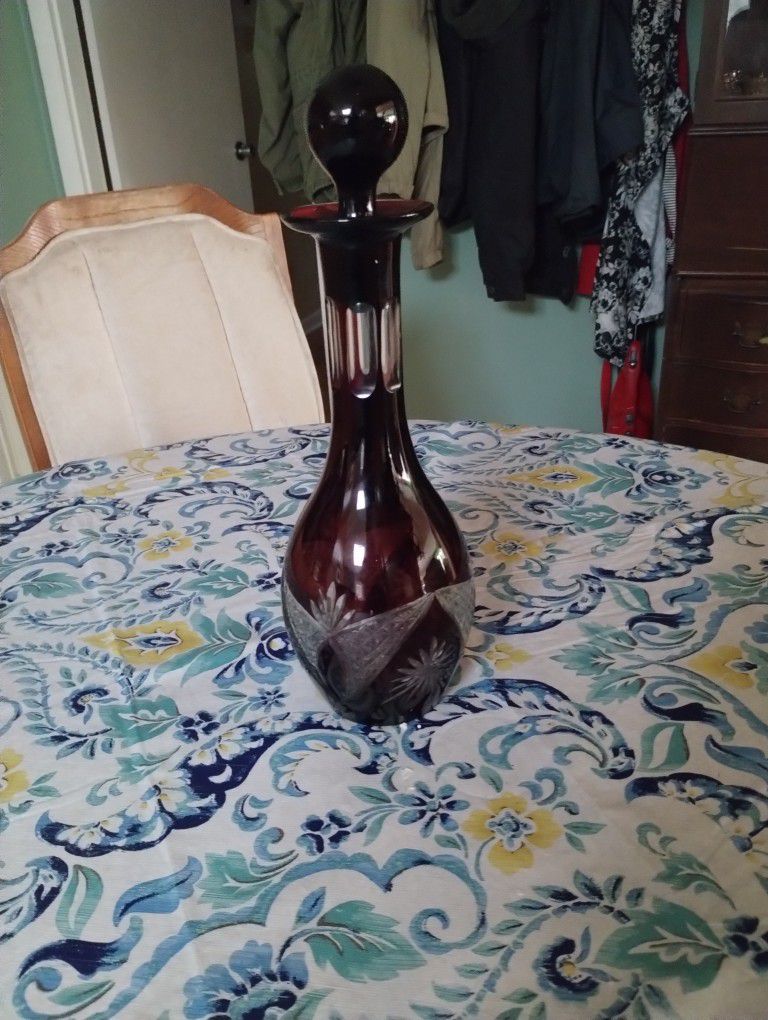 Vintage Bohemian Czech Ruby Red Crystal Cut to Clean Decanter Bottle With Stopper