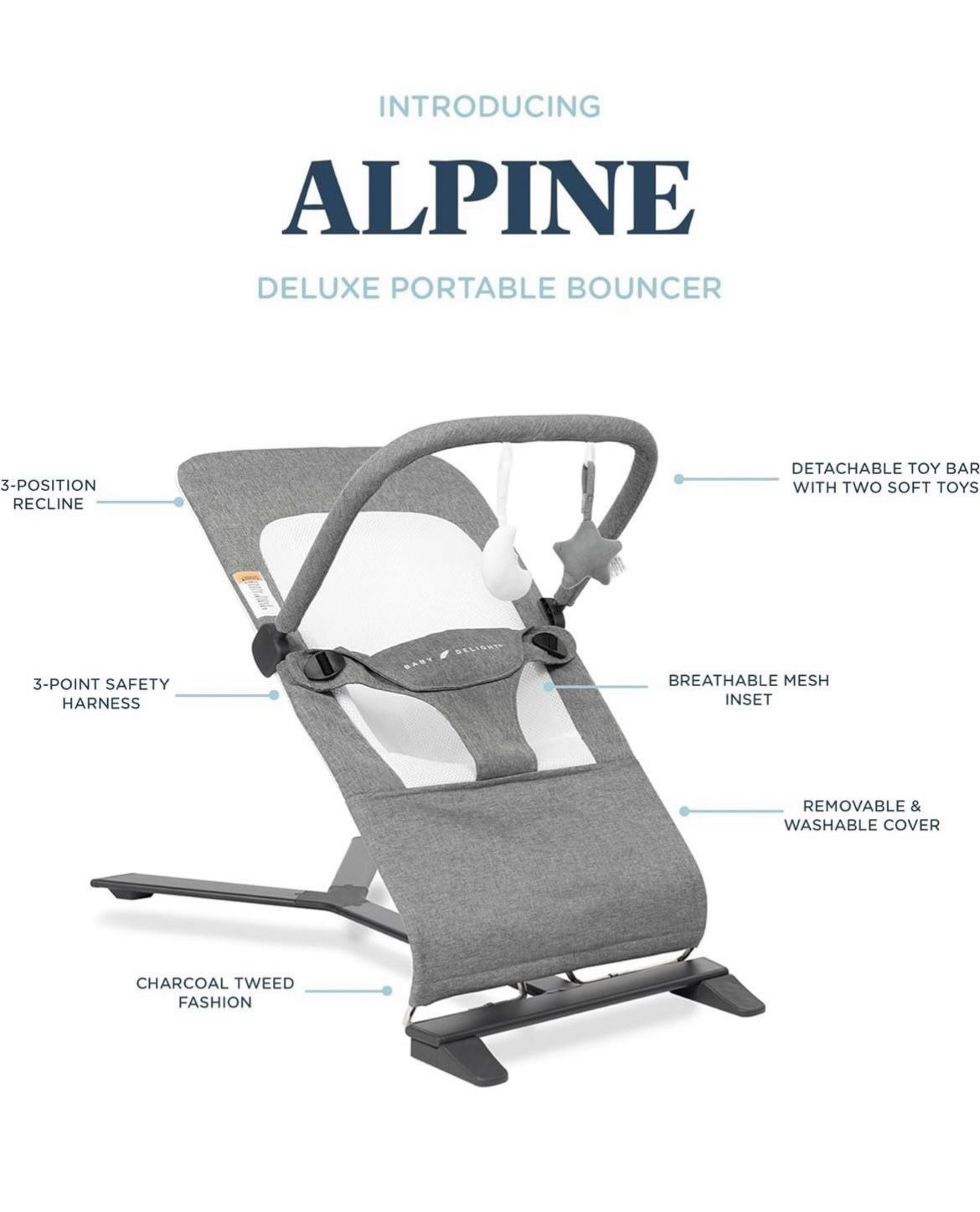Baby Delight Alpine Deluxe Portable Bouncer | Infant | 0 - 6 months | Charcoal Tweed • Retails $89.990 NEW