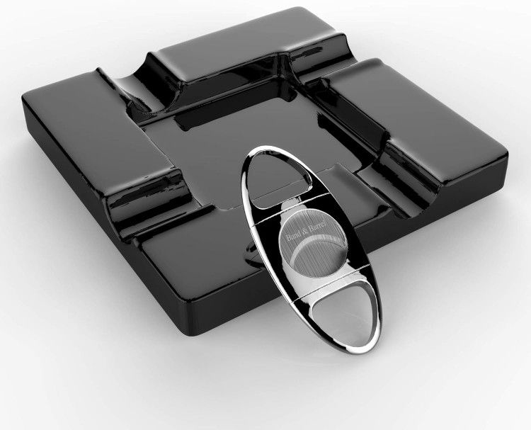 Band and Barrel Cigar Ashtray and Cutter - Luxury Ceramic Ash Tray and Chrome Guillotine Set for Cigars - Decorative Cigarette Holder - BRAND NEW
