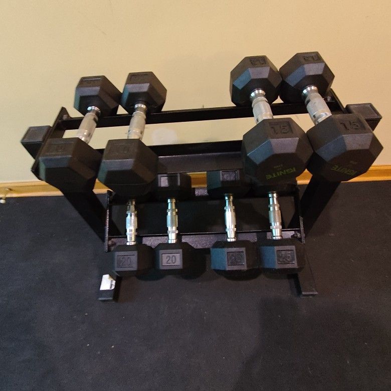 Used 10lb Thru 25lb Rubber Hex Dumbbells And Rack