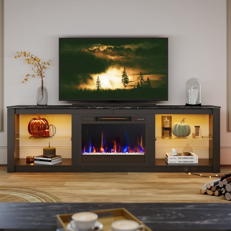 Electric Fireplace TV Stand for 75" TV Farmhouse LED Entertainment Center Console Table for Living Room in Black