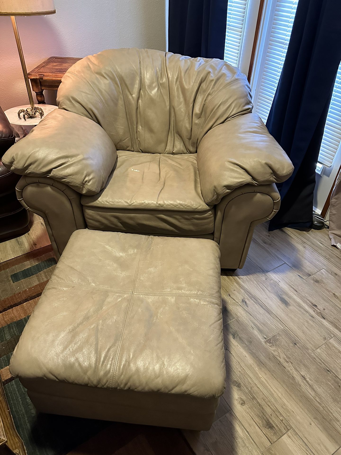 Real Leather Overstuffed Chair With Ottoman