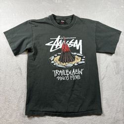 Vintage Stussy Trail Blazin Logo Graphic T-shirt Men M Green Y2K #1713