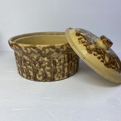 Early Antique Medium Rockingham Glazed Yellow Ware Deep Dish Stoneware Casserole With Lid. Shallow chip on lid. See pics. 