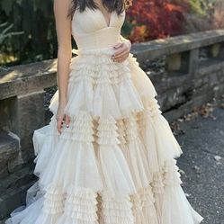 Beige Tulle Spaghetti Straps Prom/Wedding Dress

