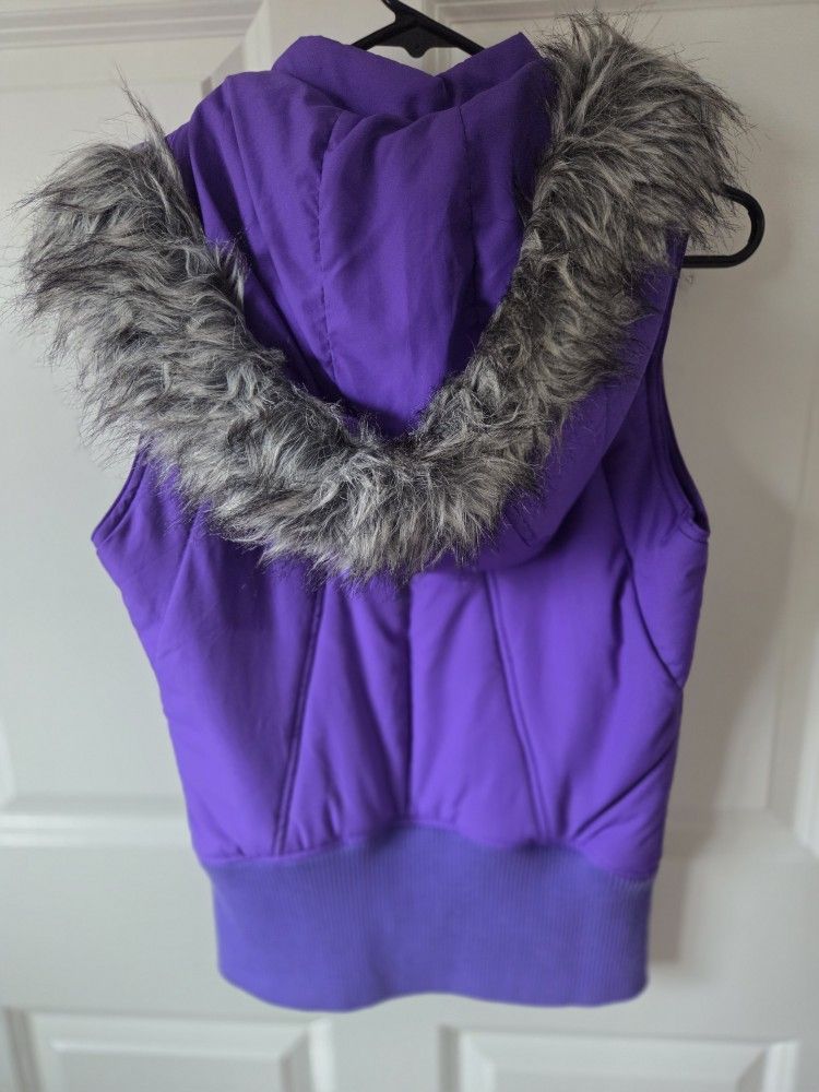 Lorna Jane Purple Hooded Vest with Removable Faux Fur Trim, Size S