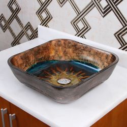 ELITE Square Volcanic Pattern Tempered Glass Bathroom Vessel Sink