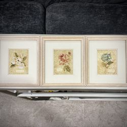 Vintage Botanical Wall Art Set of 3 Framed Floral Prints Magnolia Rose Hydrangea  Description: Beautiful set of three framed botanical floral prints f