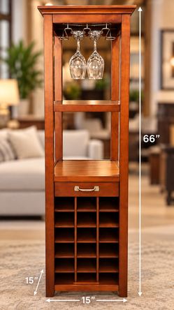 Elegant Cherry Wood Wine Bar Cabinet – 15-Bottle Storage Used