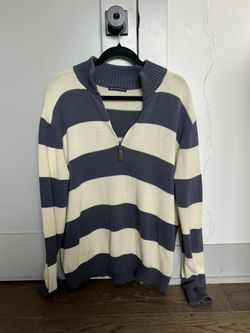 Brandy Melville Striped Quarter Zip Sweater ✧ navy cream preppy cozy