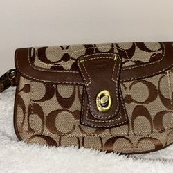 Coach Signature Logo Mini Wristlet in Brown Canvas and Leather