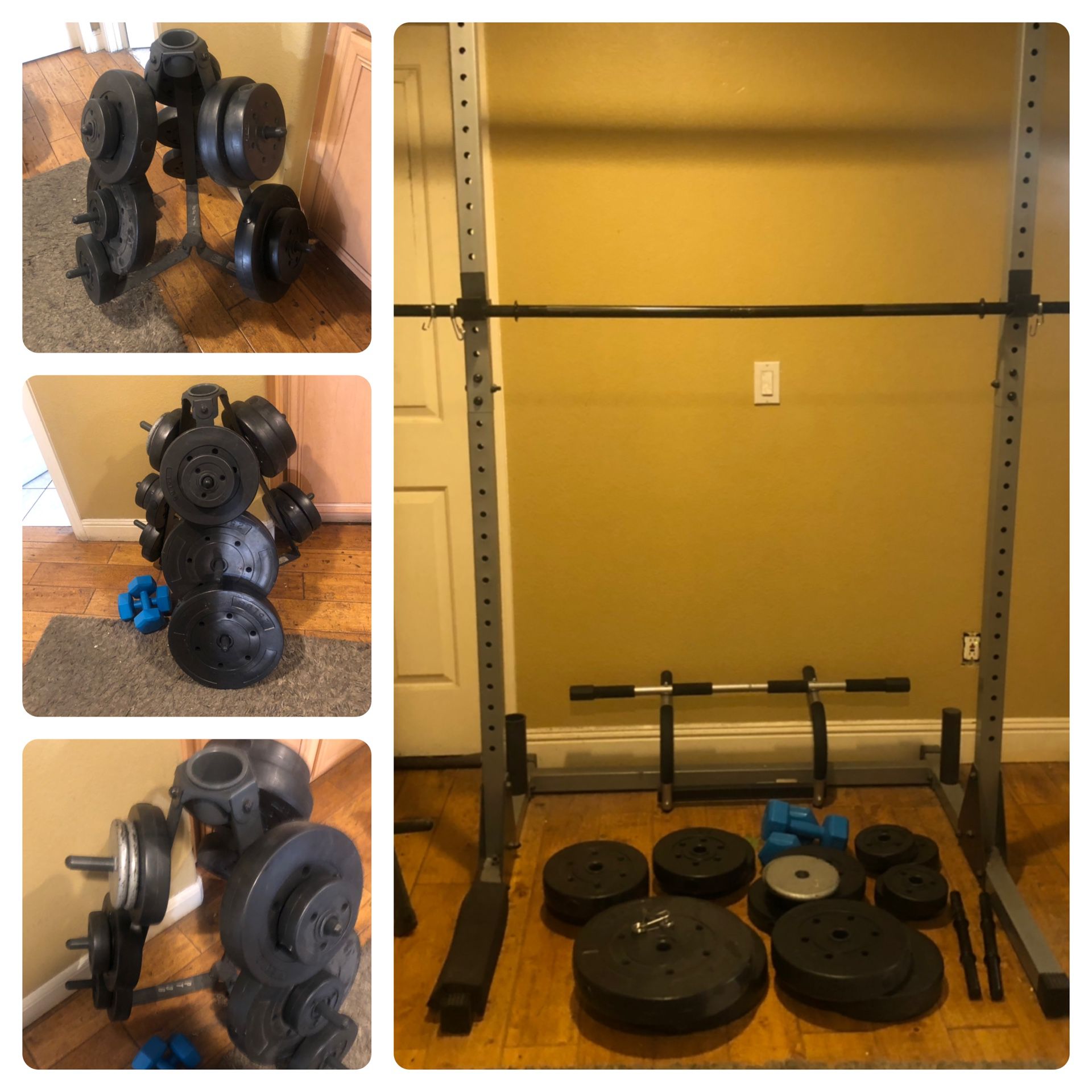 Power rack with bar and dumbbell and all size weights plus weight rack