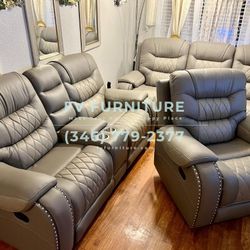 Brand New! Leather Grey Reclining Sofa Set! Same Day Delivery 