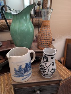 Assorted Vintage-Style Pitchers and Wicker-Wrapped Glass Carafe