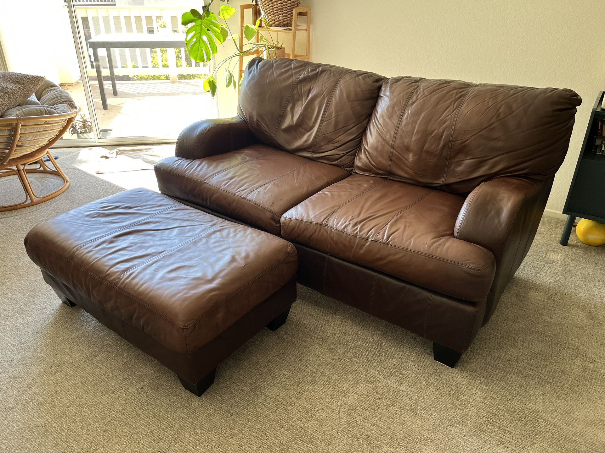 Leather Loveseat and Ottoman