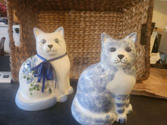 Blue Spongeware Cat or Floral Cat with Ribbon Ceramic Figurines 10" tall