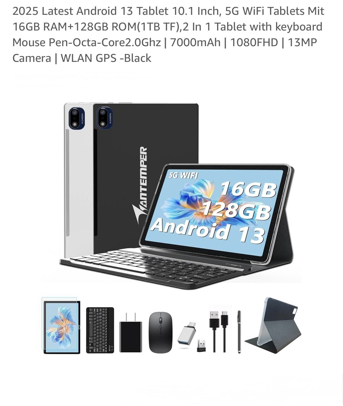 2025 Latest Android 13 Tablet 10.1 Inch, 5G WiFi Tablets Mit 16GB RAM+128GB ROM(1TB TF),2 In 1 Tablet with keyboard Mouse Pen-Octa-Core2.0Ghz | 7000mA