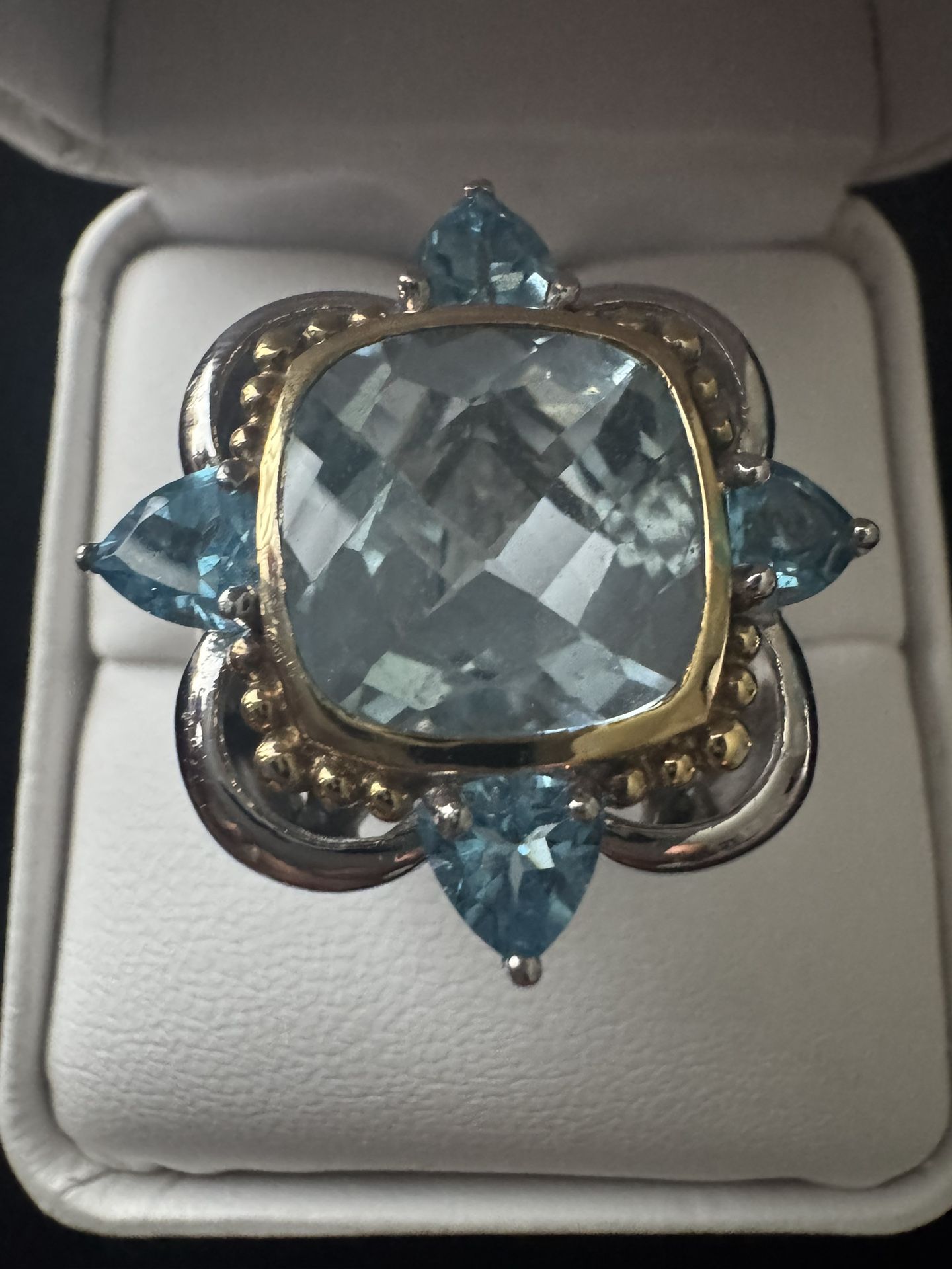 Sterling Silver Two Tone ~12x12mm Blue Topaz Statement Ring Size 8