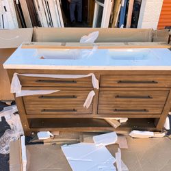 allen + roth Kennilton 60-in Gray Oak Undermount Double sink Bathroom Vanity with White Carrera Engineered...